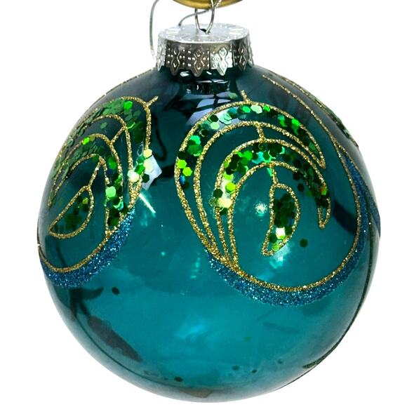 Domain "Peacock" 4" Christmas Ornaments Turquoise Green Gold Sequins-Set of 4 - Picture 1 of 7